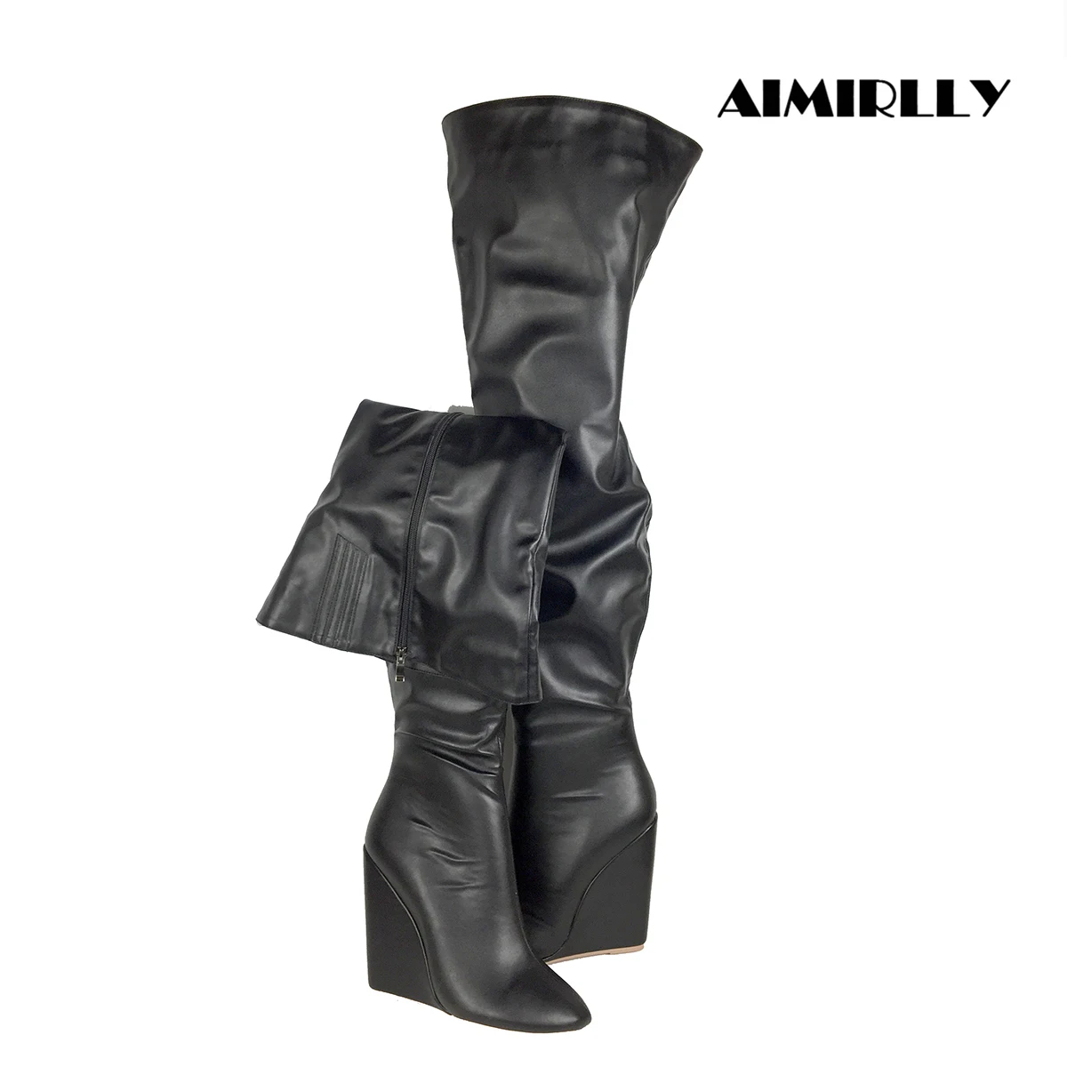 Sewing Zipper - รองเท้าบูทเหนือเข่าสีดำสำหรับผู้หญิง รองเท้าบูทยาวถึงต้นขาแบบส้นลิ่มพร้อมซิปเต็มตัว รองเท้าบูทยาวสำหรับฤดูหนาว