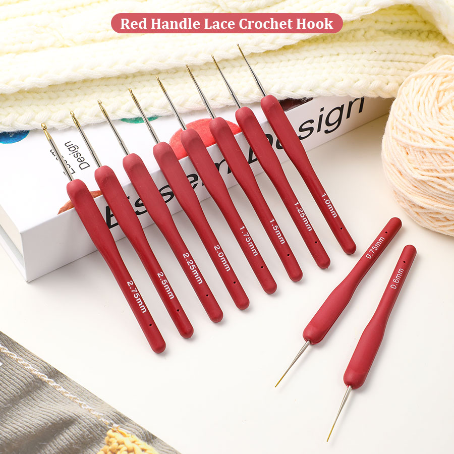 Textile Sewing Kit - 10pcs สีแดงชุดถักชุดซิลิโคนถักโครเชต์ 0.6-2.75 มม.เข็มถักชุดเข็มเสื้อกันหนาวสานเย็บถักเครื่องมือ