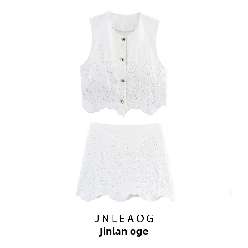 Sewing Vest - เสื้อกั๊กปักลายฉลุสำหรับผู้หญิง JNLEAOG ผ้าโพลีเอสเตอร์ ทรงเข้ารูป คอกลม แขนสั้น