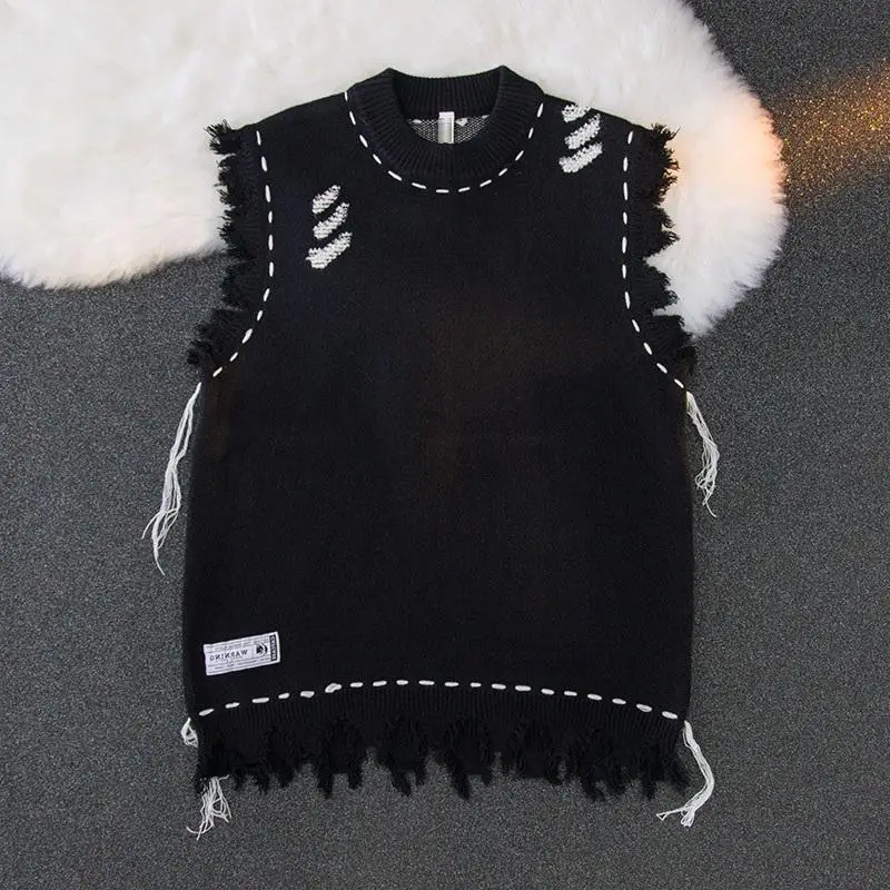 Sewing Vest - สเวตเตอร์ถักสำหรับผู้ชายเสื้อฮิปปี้แขนกุดเสื้อกั๊กขาดเสื้อโค้ทเสื้อกั๊กมีรูแบบคลาสสิกโอเวอร์ฟิตถักสวยงาม