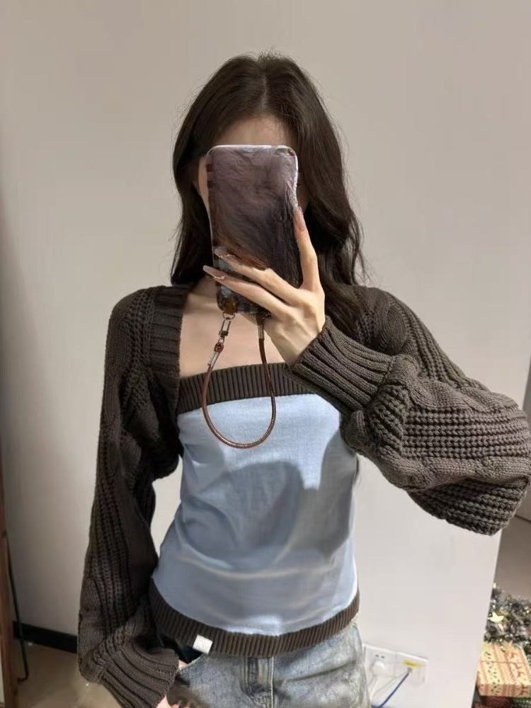 Sewing Vest - ชุดเซ็ตสองชิ้นสไตล์ Y2K เสื้อคาร์ดิแกนถักแบบครอปสำหรับผู้หญิง ​ เสื้อกั๊กทรงเข้ารูปแบบแพทช์เวิร์คสีตัดกัน สไตล์วินเทจกรันจ์สำหรับฤดูใบไม้ผลิ